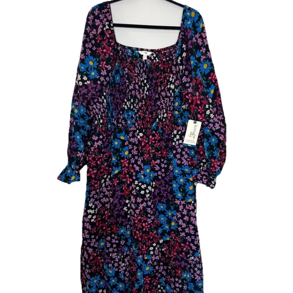 Terra & Sky Black Maxi Dress with Blue & Purple Floral Print